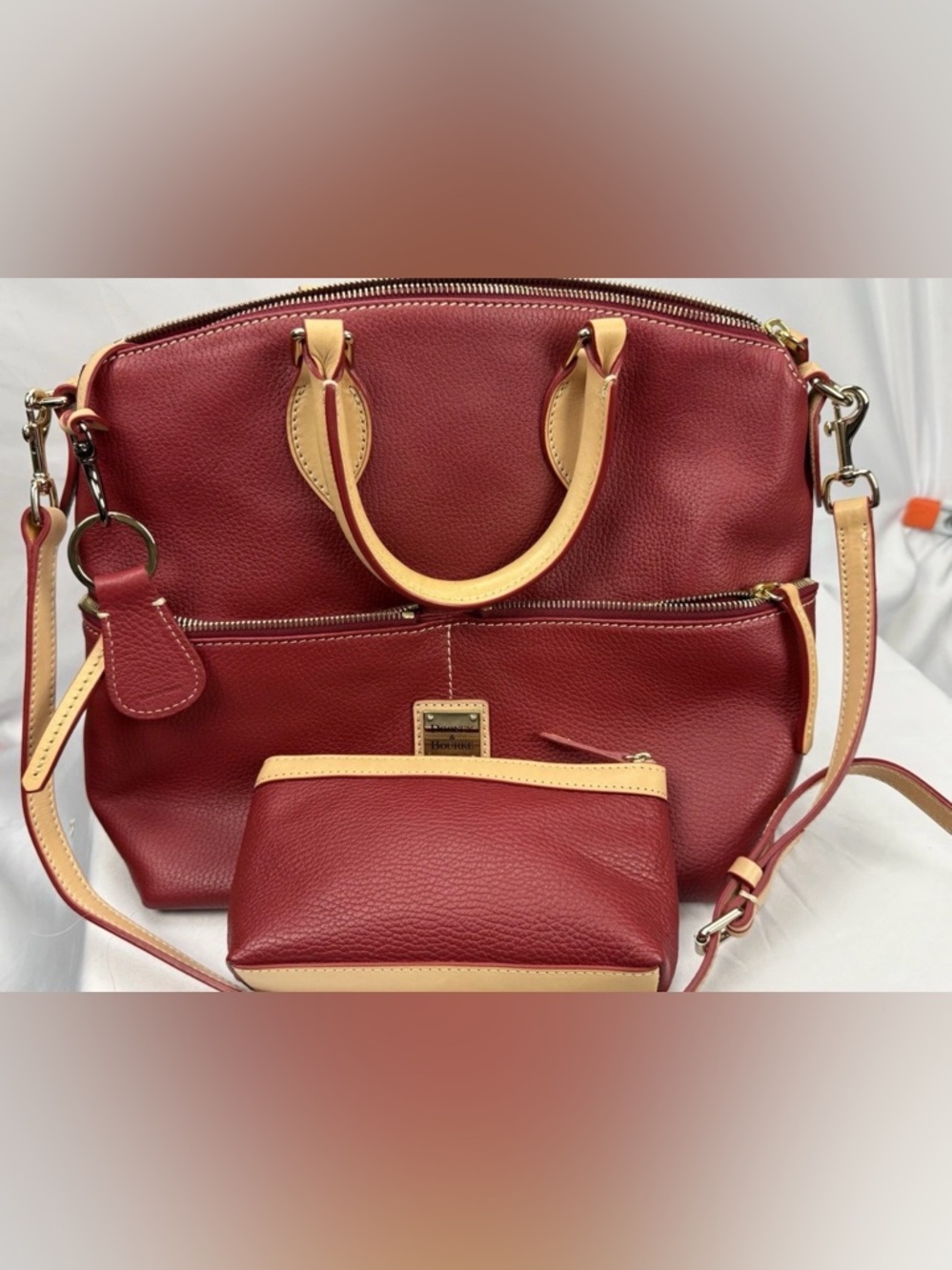Dooney & Bourke Dillen Red Pebbled Leather Double Pocket Satchel & Pouch Set